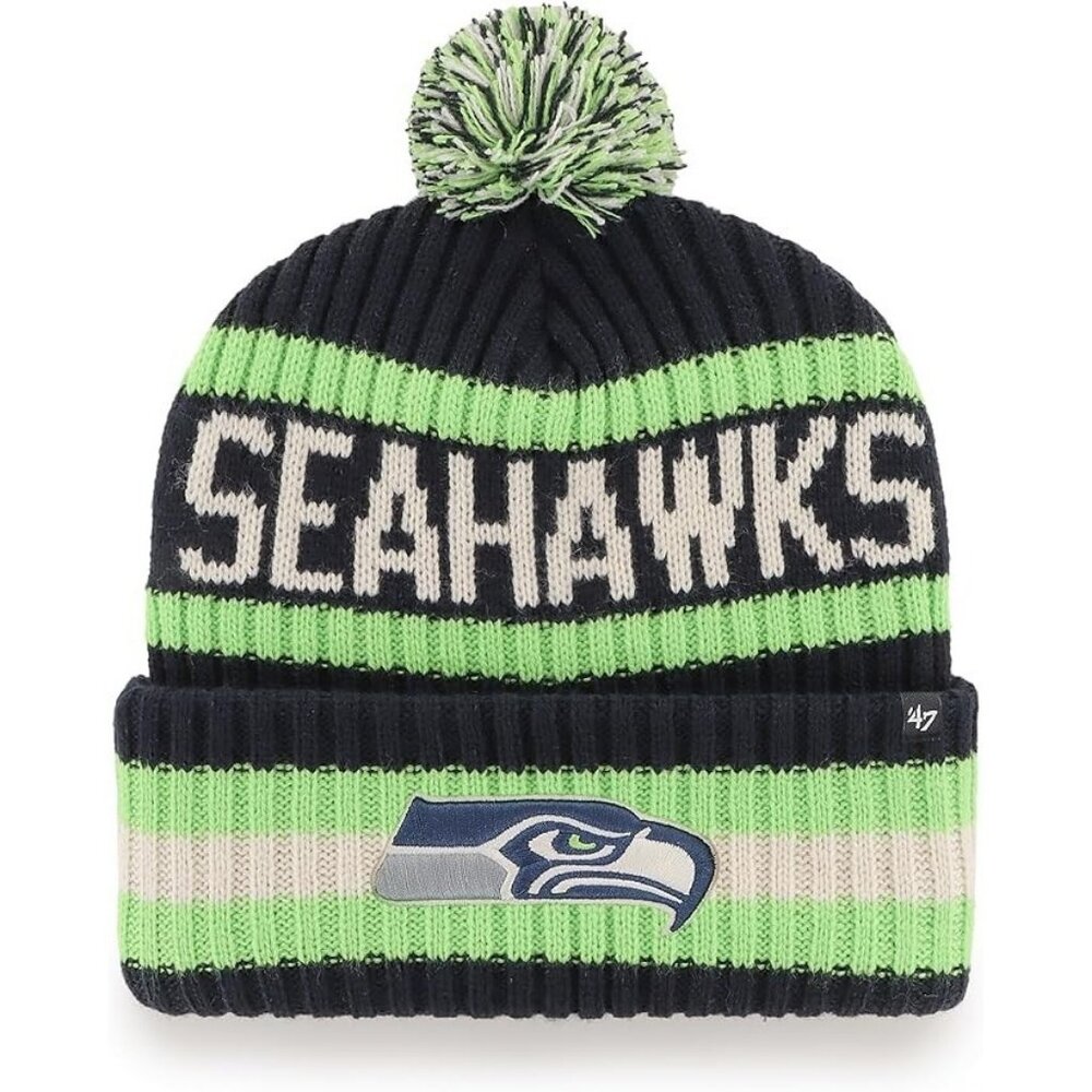 NFL White Name Seattle Seahawks Knit Beanie Hat Adult Blue White Green 47' Brand